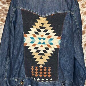 OOAK UpCycled Western Jean Jacket W.Black multi Aztec Pendleton wool - 2XL